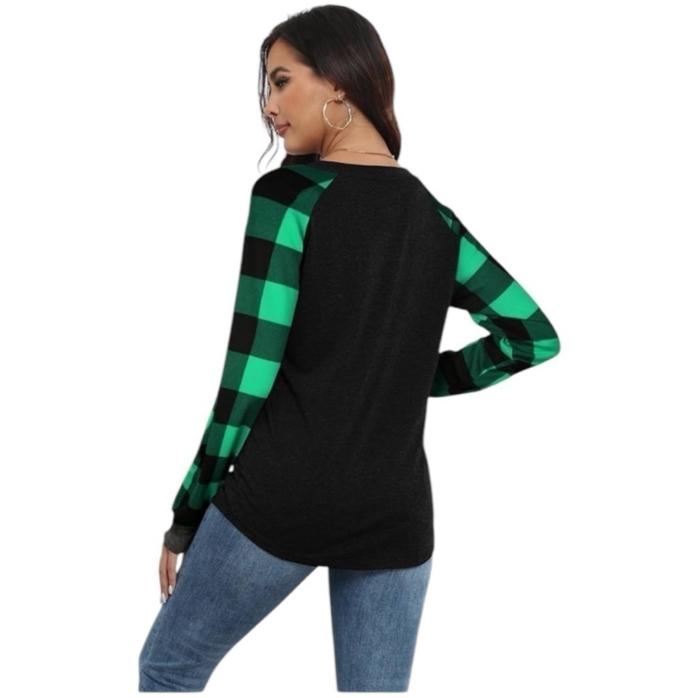 COLOR BEAR Black Body with Buffalo Green Plaid Design Long Sleeve Top - Picture 2 of 2